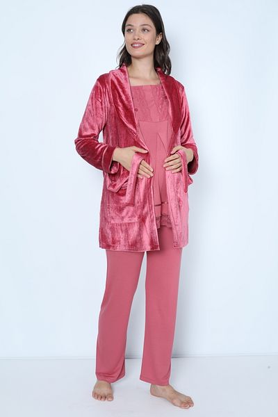 Miss Dünya Lissa Plum Velvet Maternity and Maternity Pajamas Set with Dressing Gown