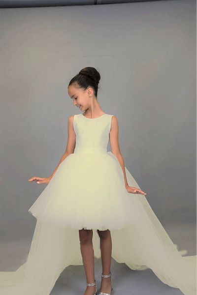 nsmkidslife Girl Child Front short Back Long Tail Detailed ECRU Satin Ball Gown Party Graduation Dress