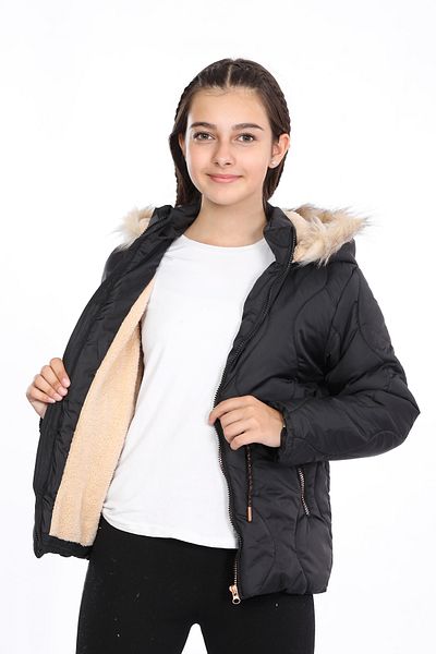 VODENS Girl's Water Repellent Black Coat with Thick Fur and Fleece Underwear