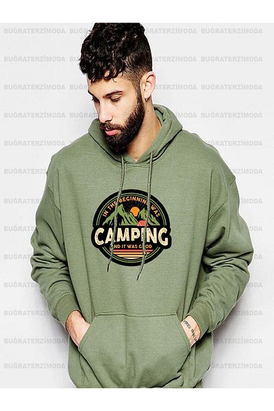 Buğraterzimoda Ανδρικό φούτερ με κουκούλα Khaki Camping με στάμπα