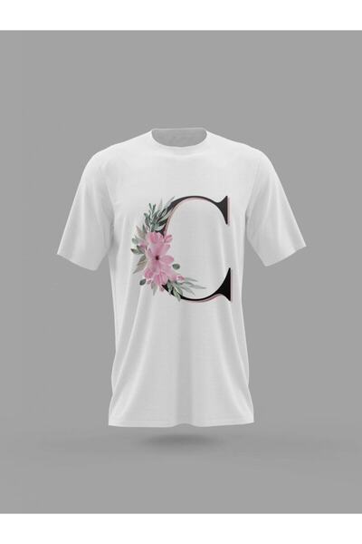 Adrift Tricou cu imprimeu floral roz cu literă C albastră PNRMTSHRT4491