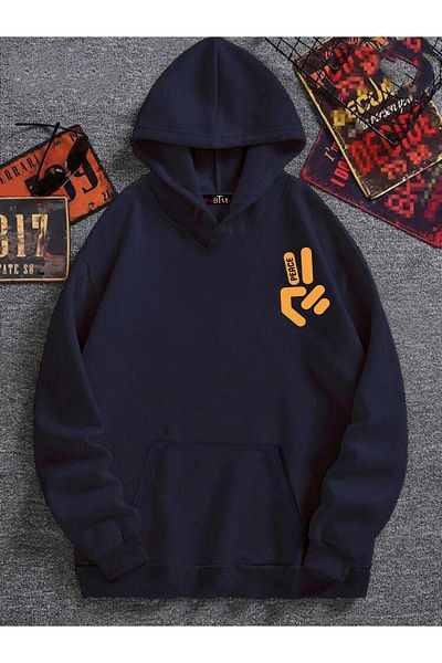 Buğraterzimoda Ανδρικό φούτερ με κουκούλα Navy Blue Peace