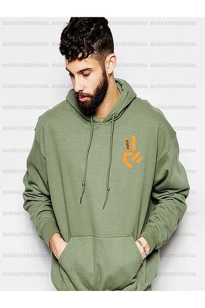 Buğraterzimoda Ανδρικό φούτερ με κουκούλα Khaki Peace με στάμπα