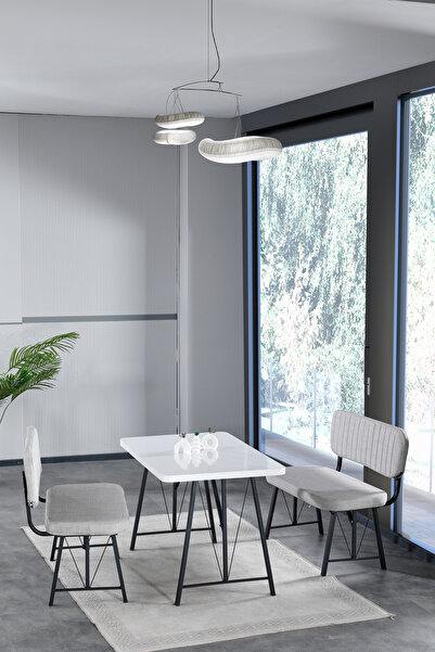 Mygusi Hayat 70x110 Beyaz Mutfak Masası, Mutfak Masası Takımı, Yemek Masası, 2 Benchli - Açık Gri