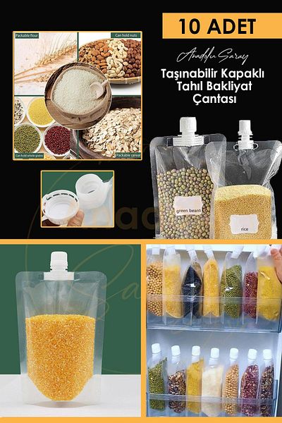 Anadolu Saray Çarşısı Dry Food Pulses Storage Bag with 10 Reusable Lids Portable Pulses Storage Bag