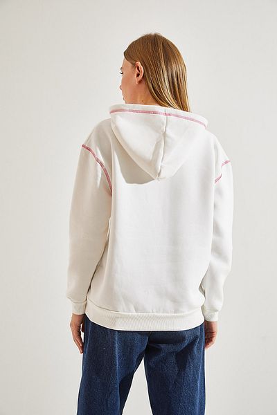 Bianco Lucci Women's Hooded Pink Stitching Detailed Kangaroo Pocket Sweatshirt