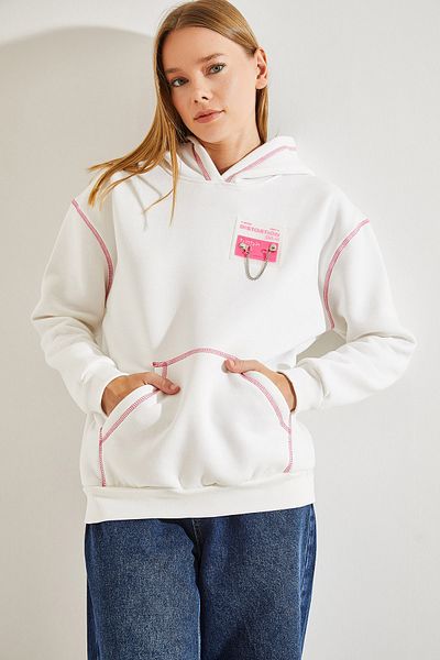 Bianco Lucci Women's Hooded Pink Stitching Detailed Kangaroo Pocket Sweatshirt