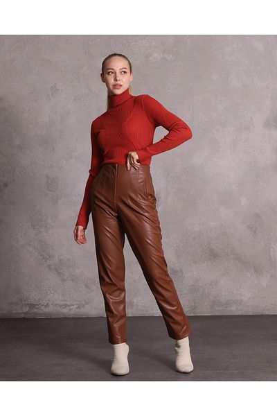 1Moda1Tarz Γυναικείο παντελόνι καρότο από ψεύτικο δέρμα με λεπτομέρεια ραφής ψηλόμεσο