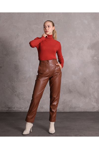 1Moda1Tarz Γυναικείο παντελόνι καρότο από ψεύτικο δέρμα με λεπτομέρεια ραφής ψηλόμεσο