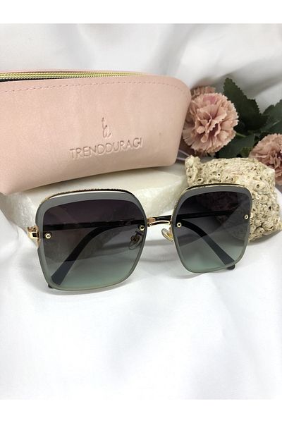 Di Caprio Ella Square Rectangular Gold Detailed Gradient Green Transitional Women's Sunglasses
