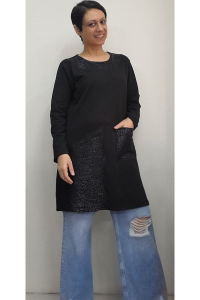 Mertcan Butik Black 2-thread leather appearance with pocket and collar garniated tunic