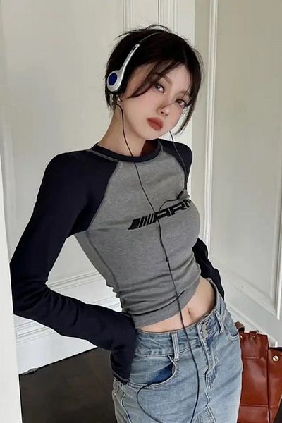 Köstebek Raglan Μαύρο Γκρι Μακρυμάνικο Σώμα Crop