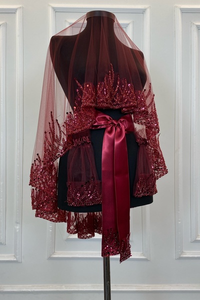 ZEYMERADE طقم حجاب زفاف بنمط اللهب العنابي، طقم حجاب حناء مطرز بالترتر وحجر ا...