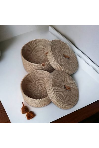 HandmadeSNM طقم سلة مزخرفة مصنوعة يدويًا من الخوص - طقم مكون من قطعتين مع غطاء