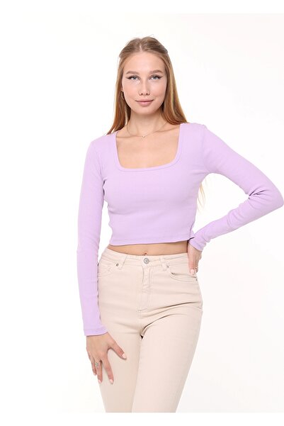 LAENT Bluză de damă, liliac, cu gât pătrat, cu mânecă lungă, tricotată cu ner...