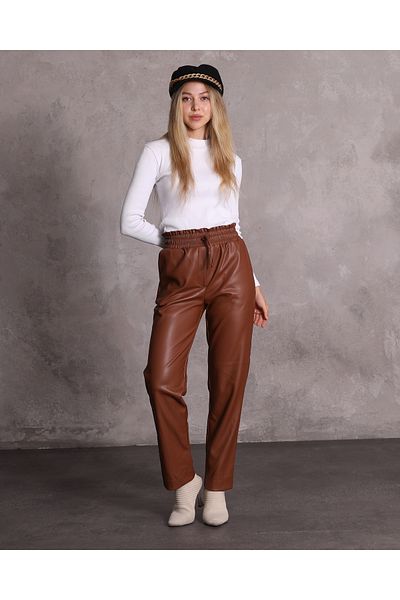 1Moda1Tarz Γυναικείο μαύρισμα ψηλόμεσο ελαστικό και δαντέλα με λεπτομέρειες από συνθετικό δέρμα παντελόνι
