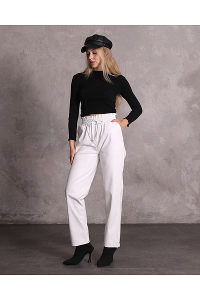 1Moda1Tarz Γυναικείο λευκό ψηλόμεσο παντελόνι από συνθετικό δέρμα με λάστιχο και λεπτομέρεια από δαντέλα