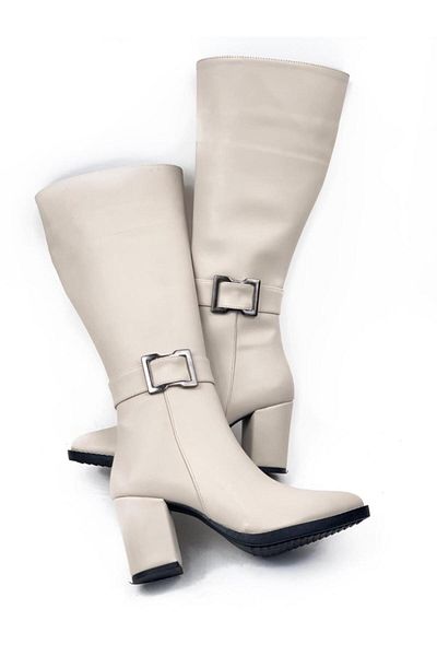 DS AYAKKABI Light Beige Women's Heeled Boots - Zippered, Below the knee