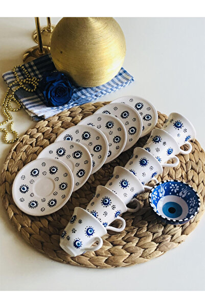 Den Tasarım Hediyelik Evil Eye Bead Coffee Cup Set for 6 People and Turkish Delight Bowl (1 Pc)