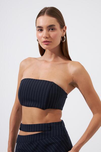 NOK İSTANBUL Street Serisi Çizgili Crop Bluz Lacivert