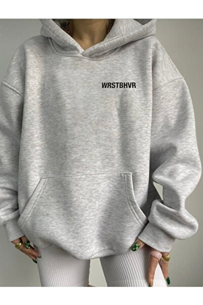Josette Gri Unisex Yazılı Baskılı Oversize Sweatshirt Kapüşonlu