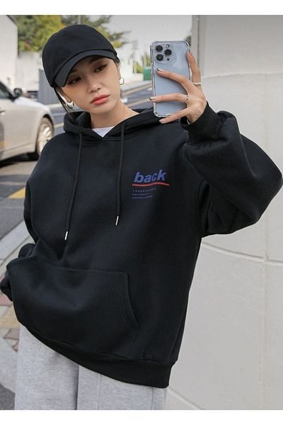 Josette Μαύρο Unisex Back Youngchance Φούτερ με στάμπα μεγάλου μεγέθους με κουκούλα