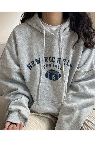 Josette Γκρι Unisex New Rochelle Football Φούτερ με στάμπα μεγάλου μεγέθους με κουκούλα