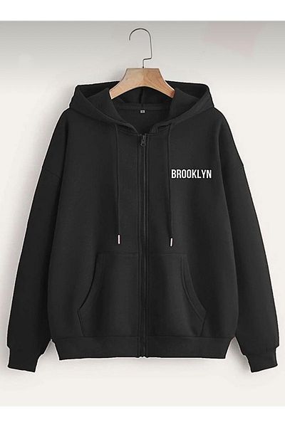 Josette Μαύρο φούτερ με φερμουάρ Brooklyn με στάμπα Oversize με κουκούλα
