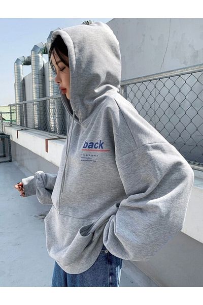 Josette Γκρι Unisex Back Youngchance Φούτερ με στάμπα μεγάλου μεγέθους με κουκούλα