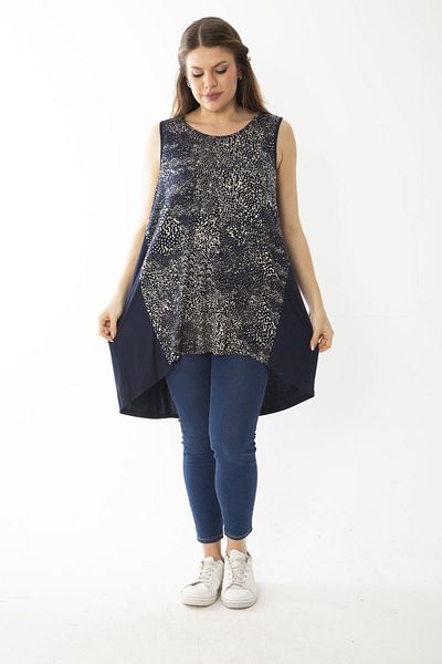 Şans Women's Large Size Navy Blue Point Patterned Side Cup Sleeveless Long Blouse 65N36945