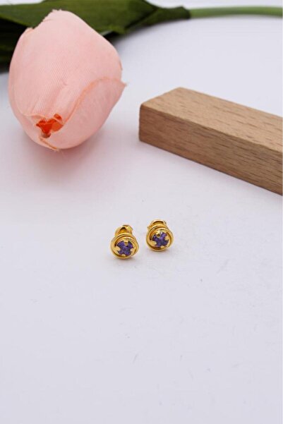 latif kuyumcu 22 Ayar Altın Çocuk Küpe Mor Taşlı Çocuk Küpe