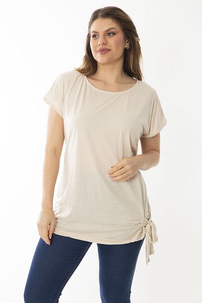 Şans Women's Plus Size Mink Lace-Up Low Sleeve Blouse 65N37031