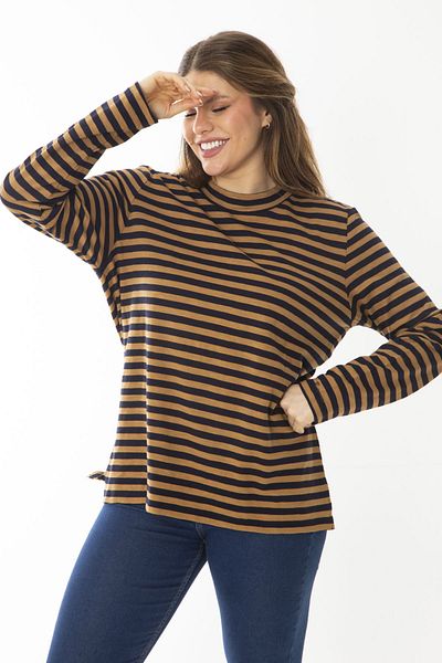 Şans Women's Large Size Brown Crew Neck Striped Long Sleeve Blouse 65N37021