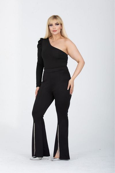 Esina Women's Diving / Scuba Fabric Flared Leg Trousers with Chain Fringes