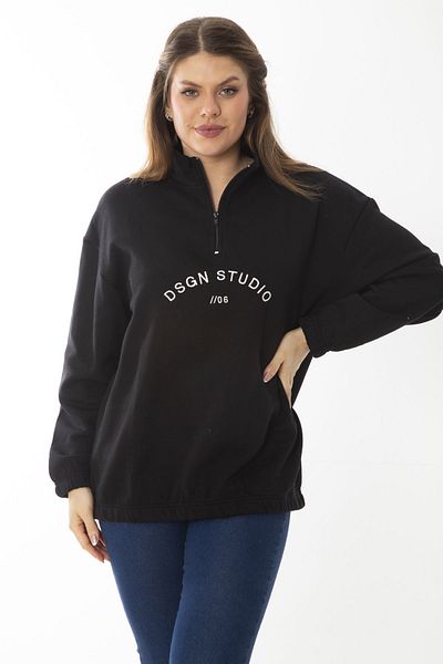 Şans Großes schwarzes Damen-Sweatshirt mit Band innen, Reißverschluss und Stickerei-Detail auf dem vorderen Aufnäher 65N37017