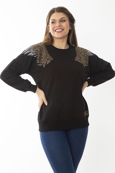 Şans Women's Large Size Black Stone Detailed Sweatshirt 65N37014
