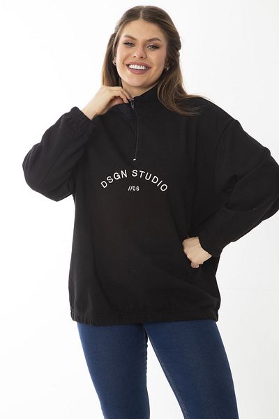 Şans Großes schwarzes Damen-Sweatshirt mit Band innen, Reißverschluss und Stickerei-Detail auf dem vorderen Aufnäher 65N37017