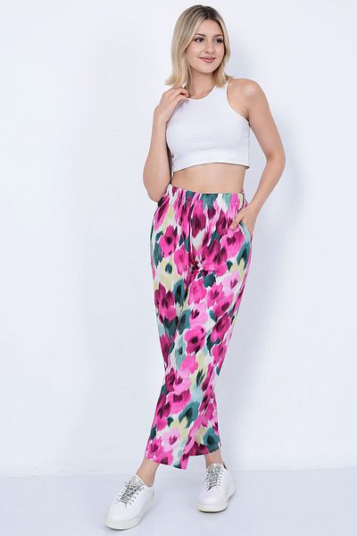 Fiftyone Wear Women's Elastic Waist Regular Leg Black Blue Pink Floral Patterned Summer Pocket Viscose Trousers