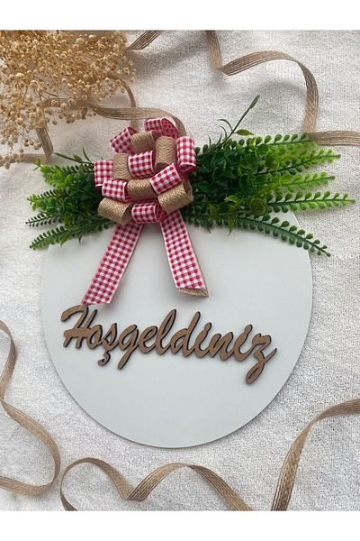 HOBİ55 Στολίδι πόρτας Welcome Natural White Gift Leafed 2023-4 με κόκκινη κορδέλα