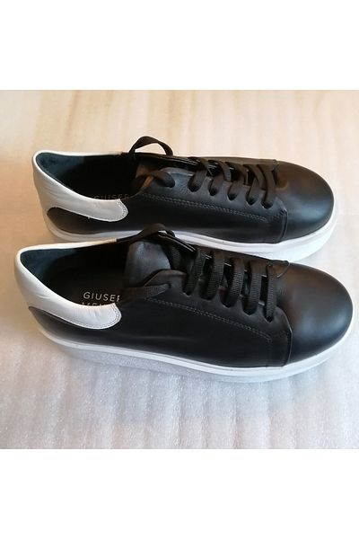Giuseppe Mengoni Women's genuine cowhide black and white combination thick heavy flat non-slip polyurethane sole lace-up shoes