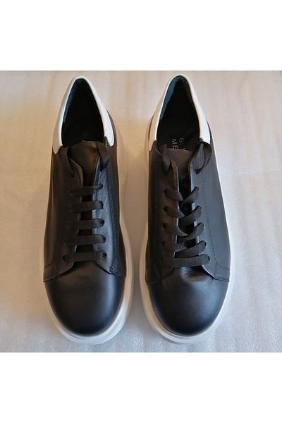 Giuseppe Mengoni Women's genuine cowhide black and white combination thick heavy flat non-slip polyurethane sole lace-up shoes