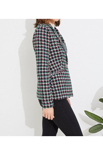ZY BUTİK KRUVAZE YAKA KOYU YEŞİL DESENLİ KIŞLIK BLAZER CEKET