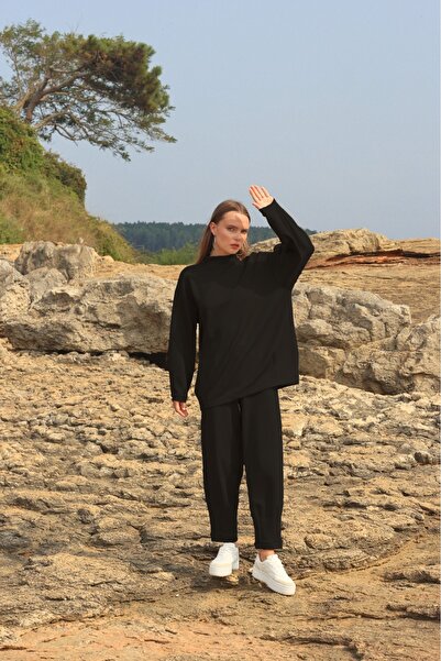 LoFiBuy Kadın Siyah Oversize Bisiklet Yakalı Cepli Scuba Premium Alt Üst Takım