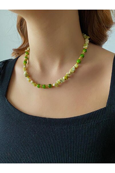 Beykan قلادة من الأحجار الطبيعية من سلسلة الزبرجد الزيتوني/الزبيرسيت/حجر الأفعى