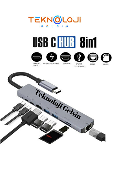 Teknoloji Gelsin 8 Girişli Usb Type-c Hub Dönüştürücü Çevirici Çoklayıcı Usb Hdmı Micro Sd