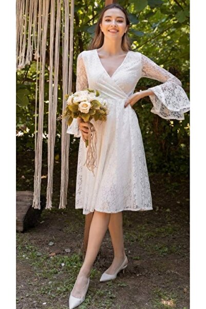 Hepsibitarz Kadın Beyaz Kolları Volanlı Dantel Abiye Elbise