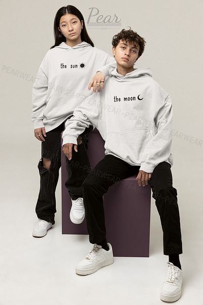 Pear Wear The Moon The Sun Printed Sun Moon 3 Thread Raised Lover Set Oversize Φούτερ με κουκούλα για ζευγάρι