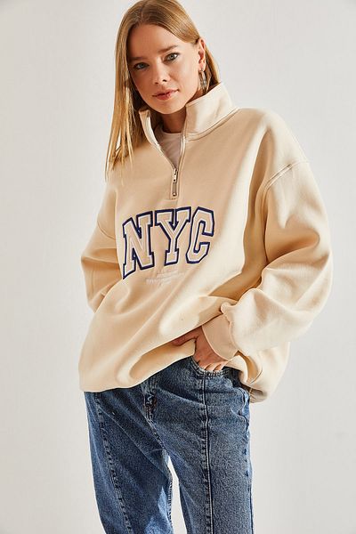 Bianco Lucci Γυναικείο φούτερ NYC με ριμπ τριών κλωστών και γιακά με φερμουάρ
