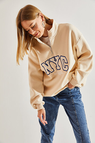 Bianco Lucci Dámská žebrovaná mikina se třemi vlákny s potiskem NYC a límečkem na zip