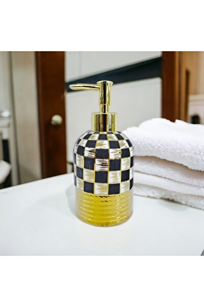YzHome Porcelain Checkerboard Pattern Gold Detailed Liquid Soap Dispenser